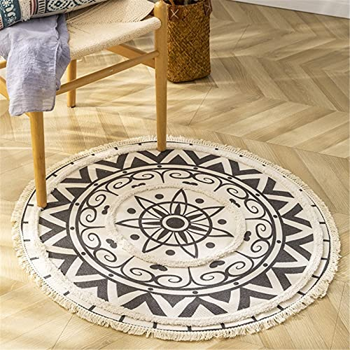 EXQULEG Runder Teppich, Boho Mandala Teppich, Vintage Marokko Handgewebte Teppich mit Quasten für Schlafzimmer Wohnzimmer Hausdekor (F,90x90cm)