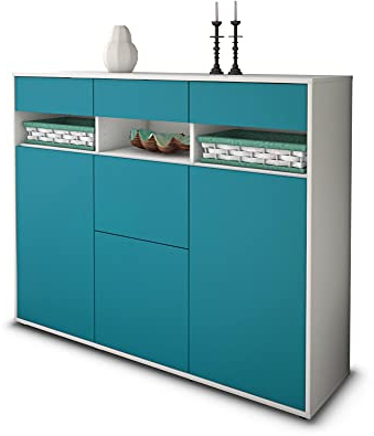 Stil.Zeit Highboard Kommode Michaela, Korpus Weiss matt, Front Farb-Design Lagunenblau (136x108x35cm), Push-to-Open Technik & Leichtlaufschienen