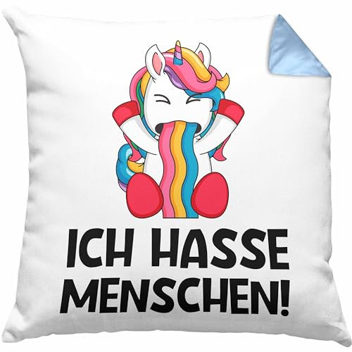 Trendation Ich Hasse Menschen Kissen mit Füllung 40x40 Kissen mit Füllung 40x40 Einhorn Lustig Spruch Geschenk Frauen Männer (Blau)