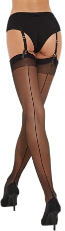 Fiore - Calze di nylon velate e sexy con cuciture da donna per uso con reggicalze 20 DEN con tacco cubano - Nero - L
