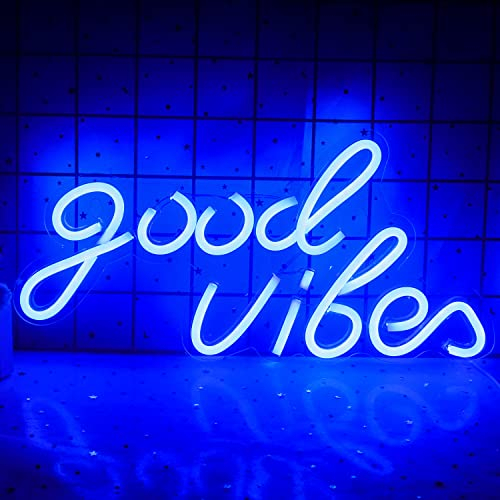 Wanxing Blaues Good Vibes Neon Schild,Good Vibes Neon Schriftzug, LED-Neonschilder für die Wanddekoration,Leuchtende Schilder für Wohnzimmer, Spielzimmer, Büro, Café, Laden, Play-Club-Zubehör