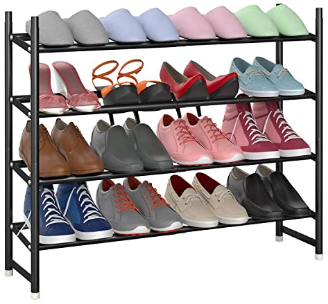 Vinsani 4 Tier Minimalist Shoe Rack Extendable Adjustable Metal Organiser Open Storage Stand Holds 16 Pairs of Shoes Heavy Duty Storage Unit Easy Assembly – Black