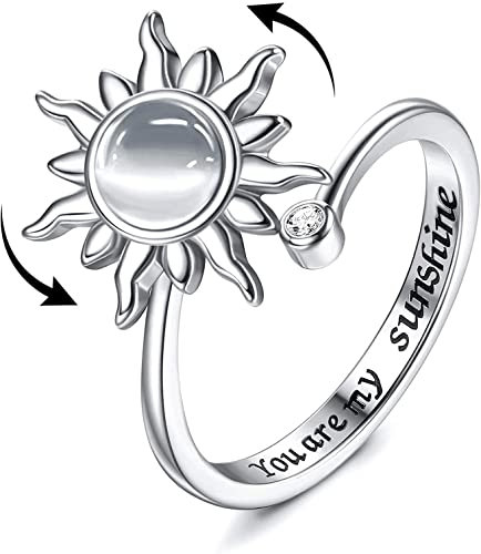 KALVICA 925 Sterling Silber Verstellbare Offener Ringe Für Frauen Mädchen Silber Fidget Angst Ringe Sonnenblume Drehbarer Ring Anti Anxiety Ringdrehbarer Relax Ring Spinning Anxiety Ring