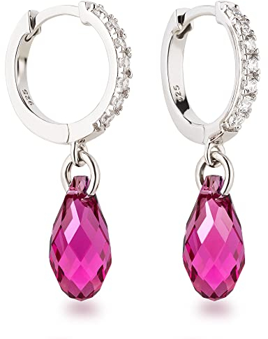 Schöner-SD Ohrhänger Creolen mit Kristall Tropfen 925 Silber Fuchsia
