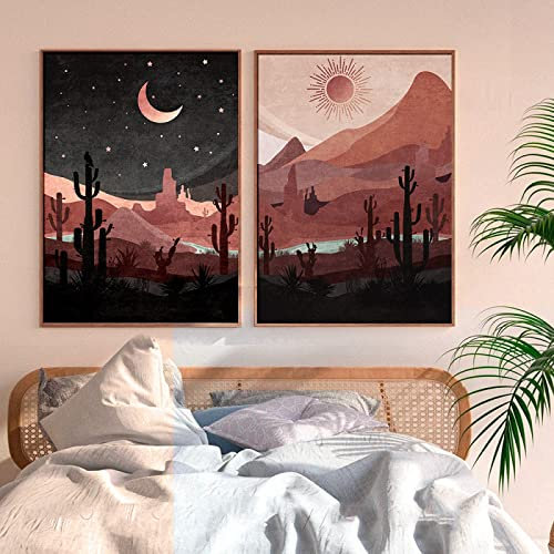 Boho Sun And Moon Wall Gemälde Abstract Vintage Canvas Painting Desert Landscape Posters Print Wall Picture For Living Room Home Deko 50x70cmx2 Unframed