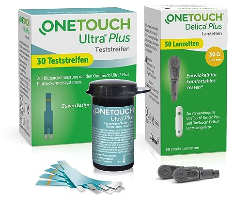 OneTouch Ultra Plus Kombi-Pack S für Blutzuckermessung |Teststreifen & Lanzetten für Diabetes (Zucker-Krankheit)| 30 Tests | 1 Teststreifen,1 Packung Lanzetten, je 30 Stück