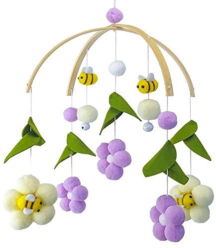 EXQULEG Baby Mobile Windspiel, Bienen Blumen Mobile Baby mit Filzbällen, Kinderzimmer Hängende Bettglocke, Neugeborenen Geschenk für Baby Mädchen oder Jungen (Lila)
