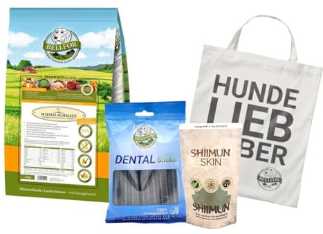 Bellfor Futterset für Malinois, Getreidefreies Trockenfutter Kaltgepresst mit Huhn 4 kg, Dental Sticks 100 g & Ergänzungsfuttermittel Shiimun Skin Pulver 50 g