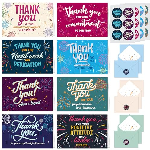 Decorably 24 Pack 6x4in Employee Appreciation Cards with Envelopes and Stickers, 8 Festive Designs Thank You Card for Work Colleagues, Blank Inside - Recognition, Promotion, Work Anniversary | Stickers, 8 Fireworks Designs for Colleagues & Coworkers, Blank Inside - Recognition, Promotion, Work Anniversary, Gifting