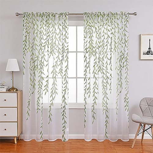 Ufurty 2 Pieces Willow Sheer Voile Leaf Curtains With Green Vine Pattern for Living Room, Bedroom, Balcony - White (100 * 200cm) | Room Salix Leaf Sheer Gauze Panel Drapes Green Color for Living Room, Bedroom, Balcony
