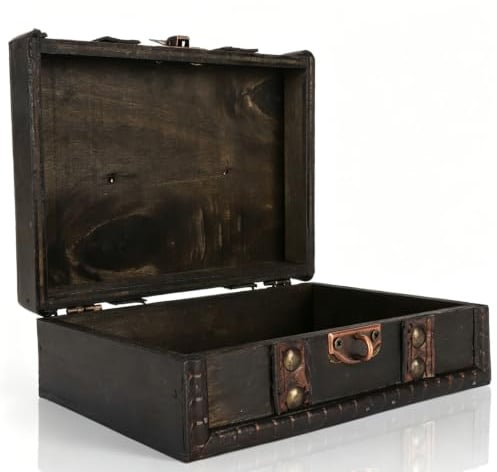 Cyrank Vintage-Schmuckkästchen, Holzkiste mit Deckel, Schatzkiste, Piratenschatztruhe, Schatztruhe Groß, Schwarze Holz-Schmuckschatulle Mit Verschlussriegel, 15,5 X 11,9 X 6,1 cm, Kleine Holzkiste