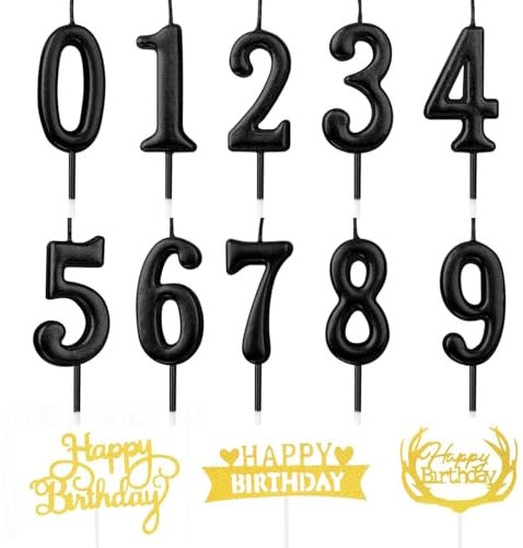 Geburtstag Zahl Kerzen,10 Stück Kuchenkerzen,Nummer 0 bis 9,Cake Topper Dekoration für Geburtstagsfeier (Schwarz+Cake Topper)