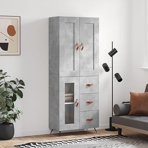 Gecheer Credenza,Armadio,con Vetrina,Verticale,Alta,con 3 Cassetti,3 Ante,per Soggiorno,in Multistrato,Grigio Cemento,69,5x34x180 cm,Armadio con Vetrina,Credenza con Vetrina,Modello A