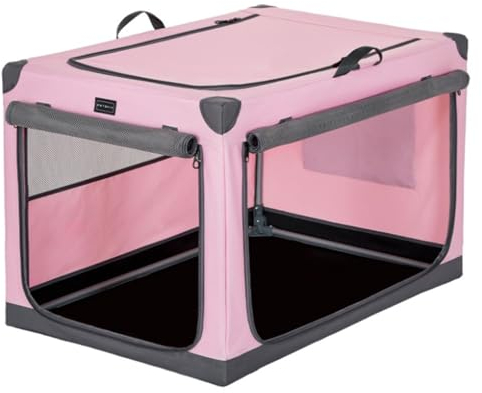 Petsfit Hundebox faltbar, Hundebox Auto Verstellbarer Stoffbezug, Hundebox für zuhause mittelgroße Hunde, Hundetransportbox mit 3 Tür-Design, Einfach zu Transportieren, M, Rosa
