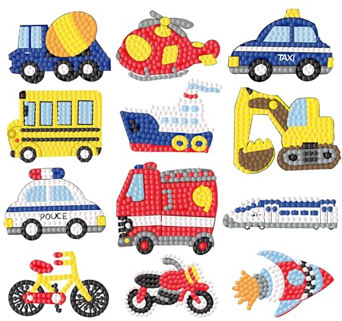 5D DIY Diamond Painting Kinder Set, 12 Stück Auto Cartoon Diamond Painting Sticker, Mosaik Aufkleber, Diamant Malerei Kit für Kinder und Erwachsene Anfänger