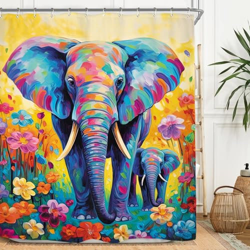 Miyotaa Duschvorhang-Set mit buntem Elefanten-Motiv, 152 x 180 cm, Vintage-Kunst, Ölgemälde, Tier, Aquarell, wasserdicht, Badewannen-Vorhang mit 12 Haken