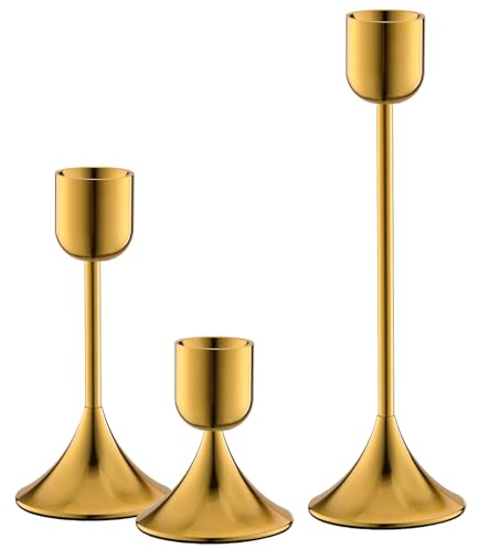 idyllictime Kerzenhalter Metall Schwerer Sockel für Kegelkerzen Stabkerzen Tischdeko Dekoration (Titanium Gold, 1 Set (3 Pcs))