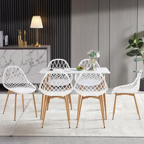 FURNITABLE Rechteckig Esstisch mit 6 Stühlen Esszimmergruppe, 6er Set Hohle Kunststoffstuhl mit Metall Stuhlbeine, Essgruppe für Küche Esszimmer und Wohnzimmer(Weiß Tisch+6 Weiß Stühle), SW+6MH
