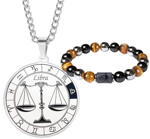 Caimeytie herren Sternzeichen Halskette und Armband Set- Sternbild halskette edelstahl-Münzanhänger-Elastisches Perlenarmband-Geburtstagsgeschenk Schmuck (Waage (Geburtsdatum:9/23-10/23))
