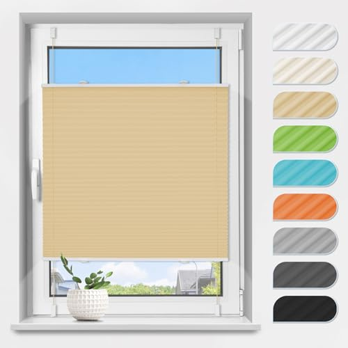 TFSKY Plissee Klemmfix ohne Bohren Creme B90 x H120 cm | 100% Polyester, Plisseerollo Lichtdurchlässig, Sichtschutz, Flexibel Verstellbar, für Fenster Tür Wohnzimmer Büro Mietwohnung
