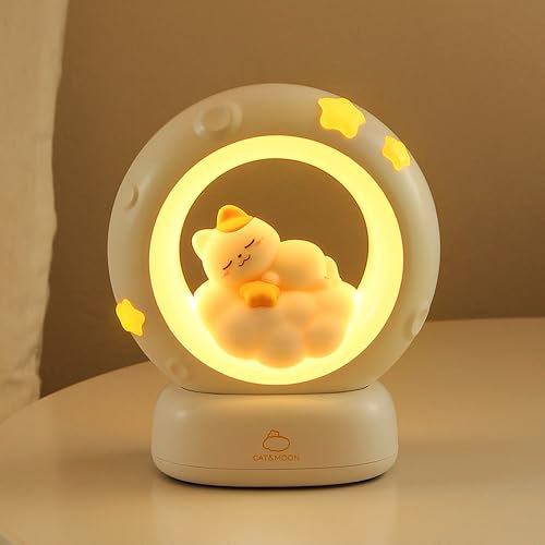 Wetry Night Light Kids Bedside Lamp Rechargeable Children Nightlight Cat, Touch Dimmable, Battery Operated, for Desk Bedroom Baby Nursery