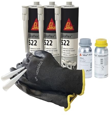 Sika Sikaflex 522 STP Kleber - Wohnwagen Dichtmasse mit Primer 210 + Aktivator 205 - ideal zum Abdichten von Buntmetallen, 3x 300ml weiß mit 5 Düsenspitzen + Aktivator und Primer