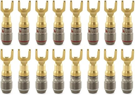 Nakamichi FanLock Excel Series 24k placcato oro connettore a forcella spina a banana 10 AWG - 18 AWG calibro 4mm per altoparlanti amplificatore Hi-Fi cavo connettore rapido, 16 pezzi (8 paia)