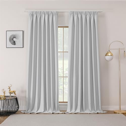Joydeco Gardinen mit Kräuselband Blickdicht Vorhänge Schienensystem Verdunkelungsvorhang mit Haken Thermovorhang Kälteschutz Schlafzimmer Wohnzimmer 2er Set 245x140cm Grauweiß