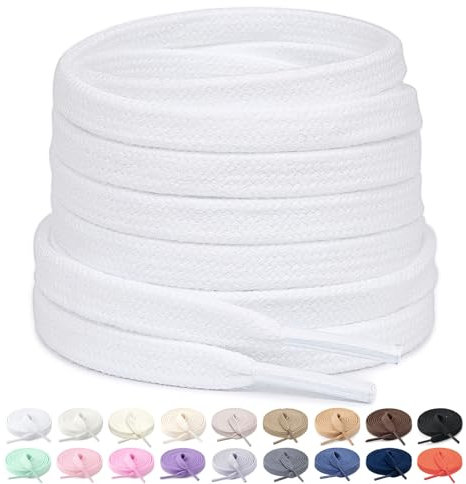 Stepace 2 Paia Lacci Piatti in 100% Cotone (largi 8 mm) Stringhe per Scarpe da Ginnastica, Scarpe da Lavoro, Scarpe Sportive, Scarpe da Corsa Bianchi 110