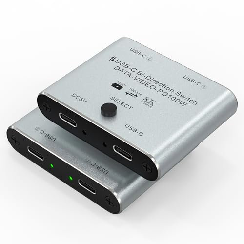 Bi Directional 8K USB C Switcher USB C Switch 2 in 1 Out / 1 in 2 Out - Type C KVM Switch Splitter for 8K@60Hz/4K@120Hz Video Transfer + 100W Charging + 10Gbps Data, with Power Cable