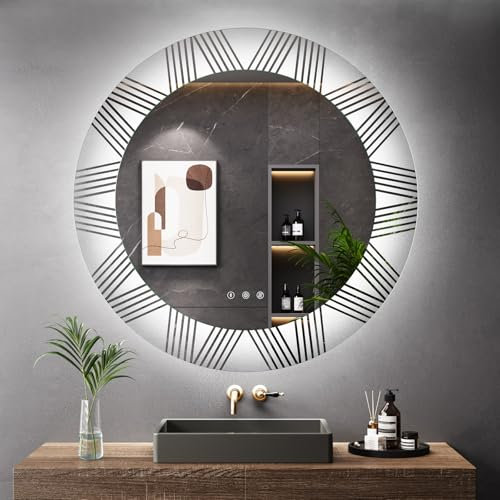 Badezimmer Spiegel mit Beleuchtung, LED Rund, Badezimmerspiegel Touch-Schalter, Dimmbar, Badspiegel, 3 Lichtfarbe Einstellbare Spiegel, Beschlagfrei 80 x 80 cm DP324
