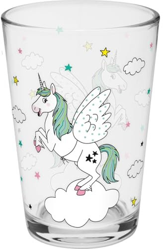 GRUSS & CO Trinkglas Motiv Einhorn | bedrucktes Glas, Höhe 10,8 cm, Durchmesser 6,8 cm, Volumen 22 cl | Geschenk für Kinder, Jungen, Mädchen, Weihnachten, Geburtstag | 74104