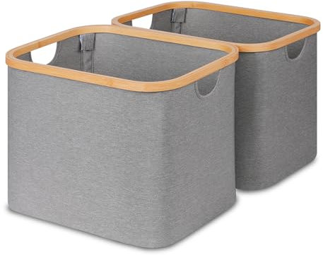 iEGrow Faltbarer Wäschekorb 50L(2PCS), Faltbar Wäschekorb mit Bambusgriffen, Grau Aufbewahrungskorb für Schlafzimmer Badezimmer, Waschküch