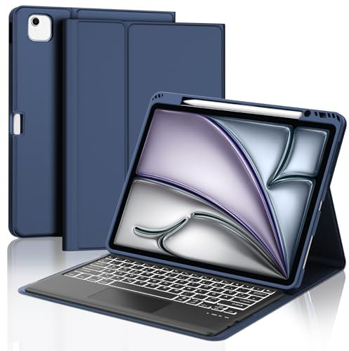 JADEMALL Tastatur iPad AIR 13 m2 - Kabellose Tastatur für iPad AIR 13 m2 2024/Air 13 m3 2025,Schutzhülle mit Pencil Halter (dunkelblau, 13 - Beleuchtung & Touchpad)