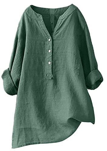 Linneblus damer långärmad grön | linneskjorta damer sommar | blusskjorta elegant linne topp med v-ringad t-shirt med knappar linnetoppar lätt tunn lång blus enfärgad tunika linneskjorta