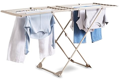 Tower T873022MSH Extending Airer with Telescopic Poles, 16 Hanging Clips, Racks for Shoes, Foldable Design, Integrated Wheels, Weight Capacity 17kg, Latte