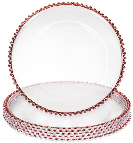 sourcing map Lot de 6 assiettes rondes en plastique transparent de 33 cm avec bordure en perles pour fête de mariage, événement, décoration de table, rouge