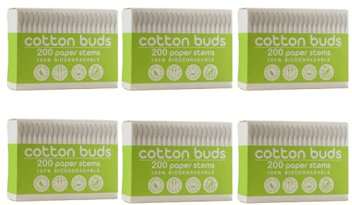 1200 Pieces - CS Beauty Biodegradable Cotton Buds with Paper Stems, (6 Packs of 200), White - Ear