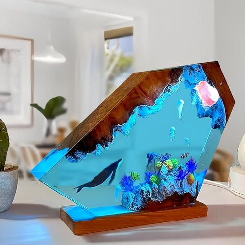 Drawelry 3D Harz Ozean Tier Figuren Nachtlicht Ornamente mit Holz Sockel USB-Kabel Epoxidharz Marine Statue Dekoration Mehrfarbige LED Nacht Lampe für Wohnzimmer Schlafzimmer Kinderzimmer Deko (A4)