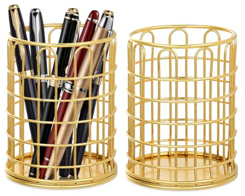 2PC Gold Pen Holder for desk Metal, Multi-functional office supplies storage & organisation, perfect for office/home/dressing table - Ideal for students and white-collar workers, 10*8*8cm