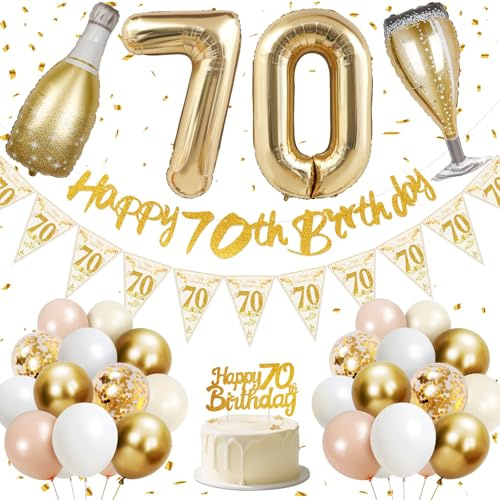 70th Birthday Decorations, Happy 70th Birthday Banner, 40 inches 70 Foil Balloons, Champagne Golden Bottle and Glass, Gold, Pink, White and Confetti Balloons, 70th Party Decorations for Women