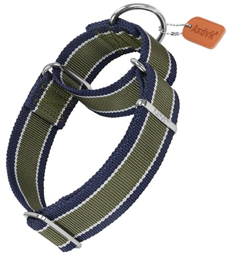 Axdvk Martingale Halsband für Hunde-4 cm Breites, 1600D Hochfestes Ausbruchssicheres Nylon-Halsband mit 3-Farben Streifen-Zugfest & Langlebig für Mittelgroße bis Sehr Große Hunde M, Armee Grün & Grau