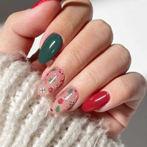 JMEOWIO Gel Nail Stickers Christmas Green Red Semi Cured Gel Nail Strips Wraps UV/LED Nails Art Design Decoration Accessories