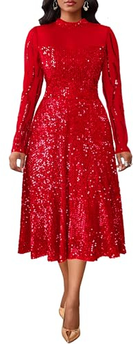 VERWIN Women's Sparkly Round Neck Long Sleeve A Line Prom Party Cocktail Midi Sequins Dress with Pockets XXL Red