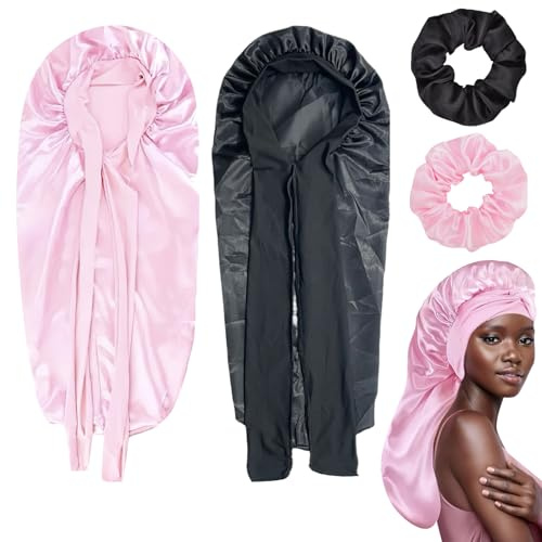 TYXHXTF 2 Pezzi Cuffia Seta Capelli Cuffia Lunga per Dormire con Fascia Elastica Berretto da Notte Raso per Donna con 2 Pezzi Scrunchies per Ricci Lunghi Locs (Nero, Rosa)