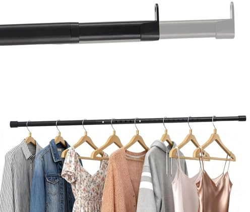 Kleiderstange für Schrank, Ausziehbare Stange für Kleiderschrank aus Metall, Ovale Stange Kleiderschrank mit 2 Halterungen, Ideal für Kleiderschrank, Garderobe und Waschküche (Schwarz, 43-131 cm)