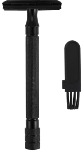 Sicherheitsrasierer Wiederverwendbar, Aluminiumlegierung, Schwarz | Nassrasur, Reiseformat und Bartkonturen, Glatte Oberfläche, Retro Optik, 1 Stück