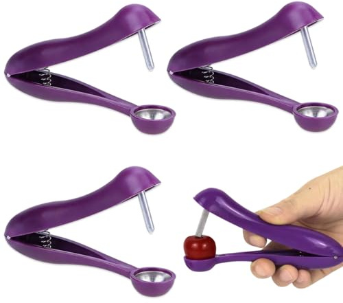 YIPFEN Set da 3 Snocciolatori per Ciliegie in Acciaio Inox - Denocciolatore Manuale a Pressione per Ciliegie, Olive e Datteri, Togli Nocciolo Compatto, Viola