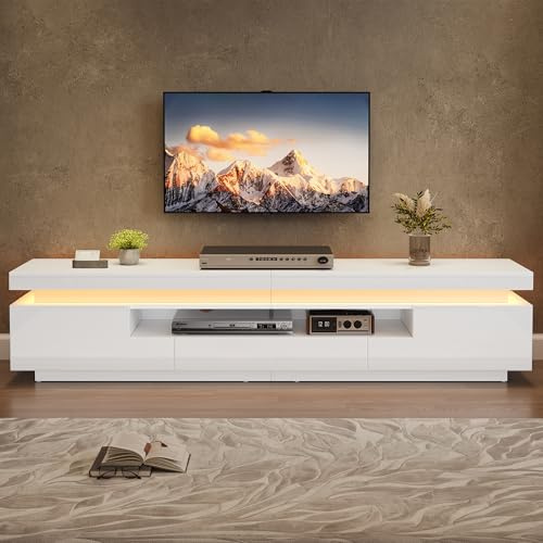 Meuble TV Blanc Laqué 175cm, avec LED et 2 Placards pour TV jusqu'à 75 Pouces, Meuble Télé Moderne avec Rangement pour Salon