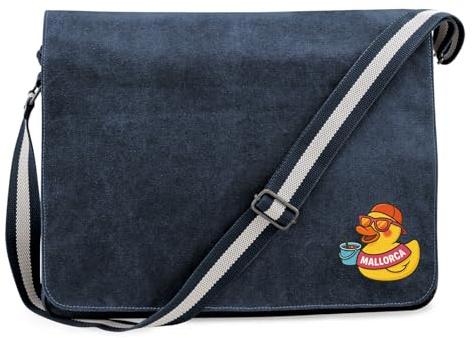 Huuraa Umhängetasche Quietscheente Malle Gummiente Mallorca 14 Liter Vintage Navy Canvas Laptoptasche Geschenkidee